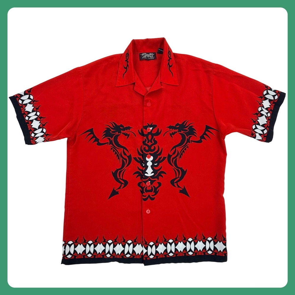Dragonfly Tribal Dragon Bowling Shirt Men Large Red Polyester Short Sleeve Y2K